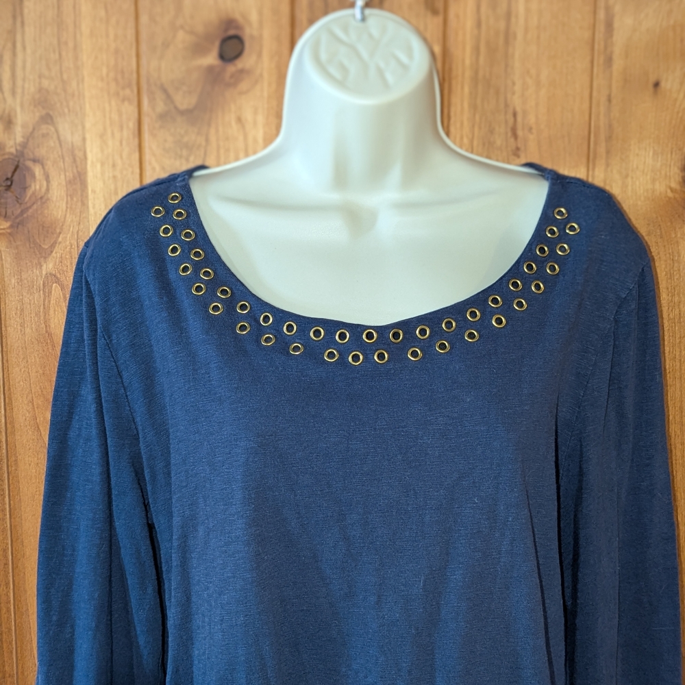 JM Collection Navy Top‎ with Gold Eyelet Accents - Picture 2 of 7